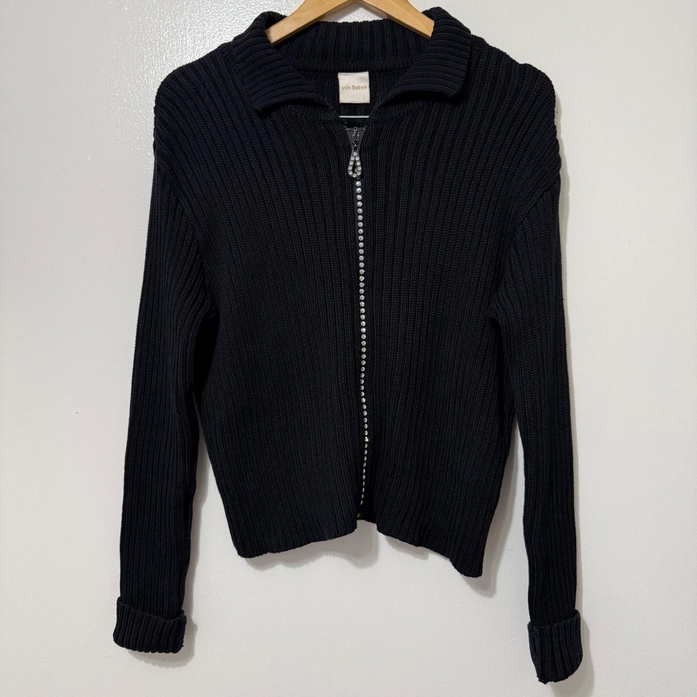 Von Saken Vintage Black Ribbed Rhinestone Zip Front Cotton Cardigan Sweater USA